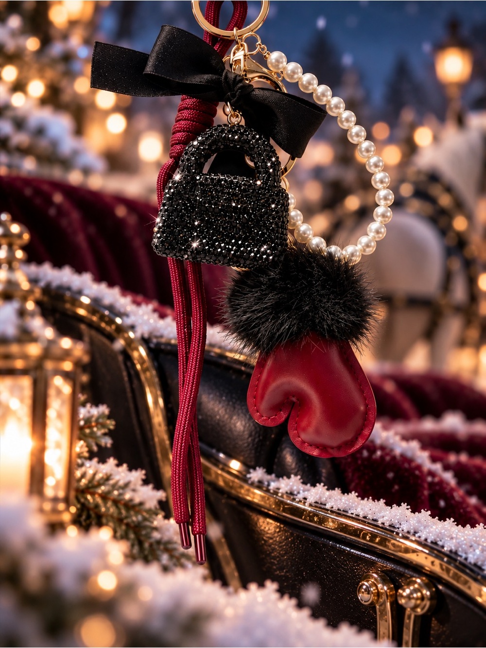 Midnight Sleigh | Black Rhinestone Purse Charm, Pearl + Burgundy Mitten Charm